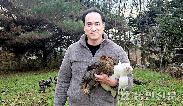 양달샘씨가 경기 고양에 있는 호밀밭에서 닭과 함께 즐거운 시간을 보내고 있다. 닭들이 호밀잎을 먹고 배출한 분뇨는 다시 호밀을 자라게 하는 거름이 된다.