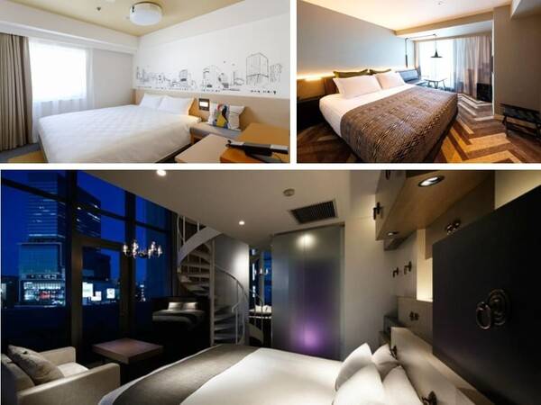 왼쪽 위 - 시부야 도큐 레이 호텔, 오른쪽 위 - 시부야 스트림 엑셀 호텔 도큐, 아래 - 시부야 그랑벨 호텔