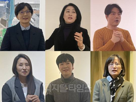 왼쪽 위부터 시계방향으로 윤정선 작가, 신선주 작가, 이만나 작가, 정보영 작가, 송은영 작가, 유현미 작가. 사진=박은희 기자