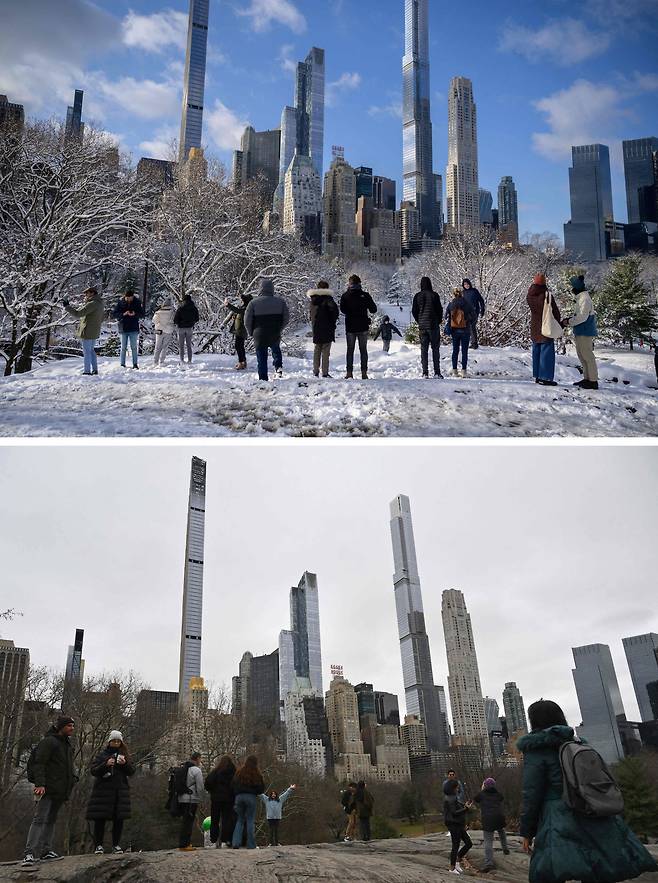 미국 뉴욕시에 지난해 3월 9일 이래 326일째 눈이 안 오면서 반세기 만의 최장 눈 가뭄 기록을 깼다. 사진은 지난해 1월 눈이 내린 맨해튼 센트럴파크에 관광객과 시민들이 몰려든 풍경(위)과, 최근 센트럴파크의 모습을 비교한 사진이다. 뉴욕 현지 매체들은 매일같이 '눈 가뭄 ***일째'라며 눈 안 온 일수를 집계, 뉴욕시의 전형적인 겨울 풍경을 연출했던 눈을 무척 기다리고 있다. / AFP 연합뉴스
