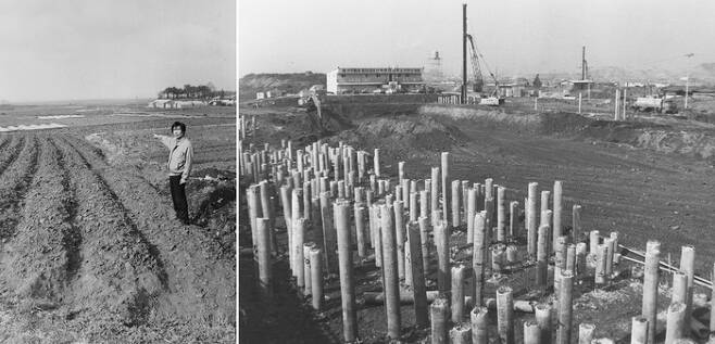 1989년 4월 개발 이전의 경기 고양시 일산신도시 예정지의 모습(왼쪽 사진). 오른쪽은 1991년 일산신도시 아파트 건설 현장. [매경DB]