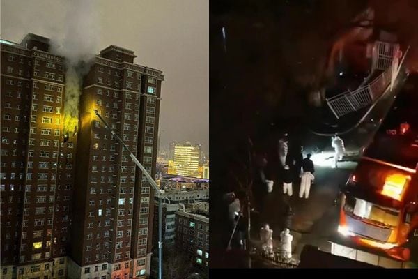 지난 24일 저녁 중국 신장 위구르지역의 한 아파트에서 발생한 화재를 진압하는 모습.(왼쪽) 소방차가 화재가 발생한 아파트에 도착했지만 코로나 봉쇄를 위해 설치한 것으로 추정되는 철제 울타리에 막혀 진입에 어려움을 겪고 있다./웨이보