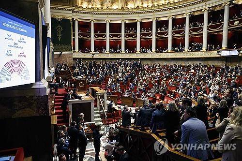 (파리 AFP=연합뉴스) 프랑스 하원은 11일(현지시간) 마크롱 정부가 추진한 이민법 개정안 심사에 앞서 사전 거부안을 통과시켰다. 2023.12.11.