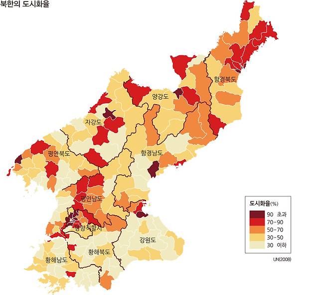 북한 도시화율. 자료 대한민국 국가지도집