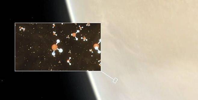 금성의 대기에서 생명체가 방출한 것으로 추정되는 수소화인(네모   안의 분자구조)이 발견됐다./NASA