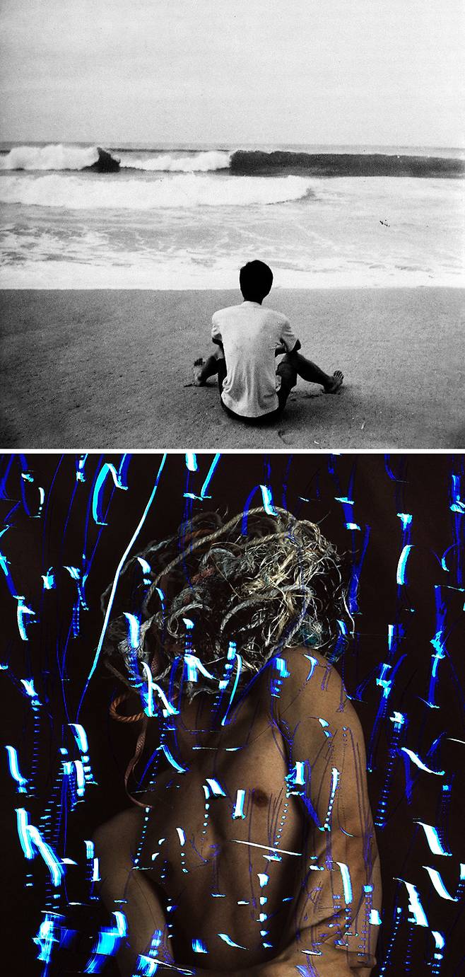 구본창 사진가는 1972년 친구에게 부탁해 남해 바닷가에 앉아 수평선을 바라보는 자신의 뒷모습을 사진 ‘자화상’(위쪽 사진)으로
남겼다. 언젠가 꼭 저 바다 너머 세상으로 향할 것이라는 다짐을 담은 작품이다. 아래 사진은 1988년 서울 워커힐미술관에서 처음
선보인 연출 사진 ‘탈의기’. ‘구본창의 항해’전은 작가가 자신이 진정 원하는 길을 찾아갔던 삶의 여정을 보여 준다.
서울시립미술관 제공