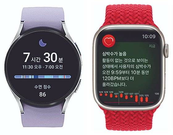 삼성 갤럭시워치6(左), 애플워치 시리즈9(右)