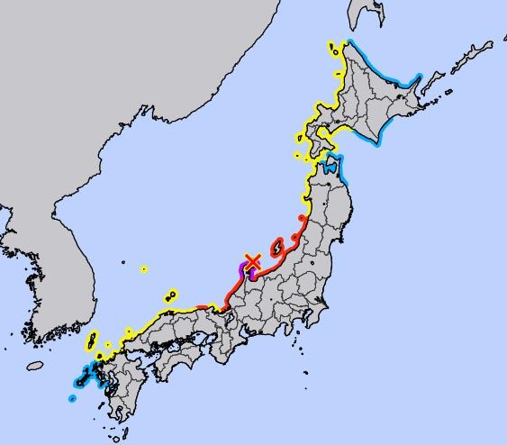 일본 기상청은 1일 이시카와현에서 발생한 강진 후 동해쪽을 접한 일본 북부 연안에 대형 쓰나미 경보(보라색)와 쓰나미 경보(붉은색), 주의보(노란색) 등을 발령했다. 일본 기상청 홈페이지