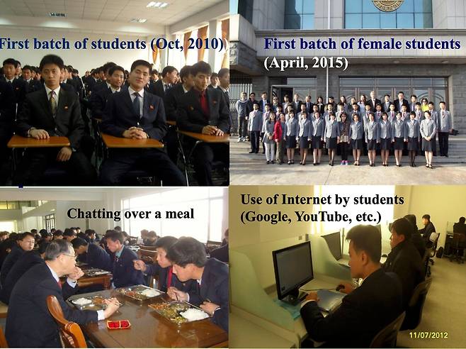 왼쪽 위부터 시계 방향으로 평양과기대 개교 당시인 2010년 입학생들이 기술영어를 듣는 모습, 2015년 첫 여학생 입학, 그리고 학생들이 북한 미 구글과 유튜브 등 해외 인터넷에 접속해 자료를 찾는 모습, 박찬모 명예총장이 학생들과 구내식당에서 식사하는 모습. /박찬모 총장 제공