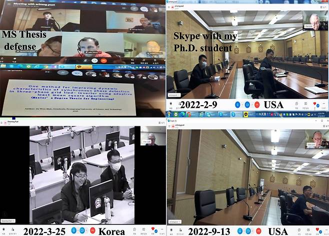 코로나 팬데믹 이후 북한 국경이 닫히면서 평양과기대의 수업도 원격으로 이뤄지고 있다. 미국과 유럽의 교수들이 평양의 대학원생과 박사 후보생 등을 스카이프 영상통화로 지도하는 모습. /박찬모 총장 제공