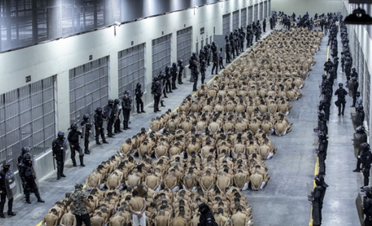 지난해 3월 엘살바도르 대형 수용시설에 도열한 수감자들/사진=연합뉴스