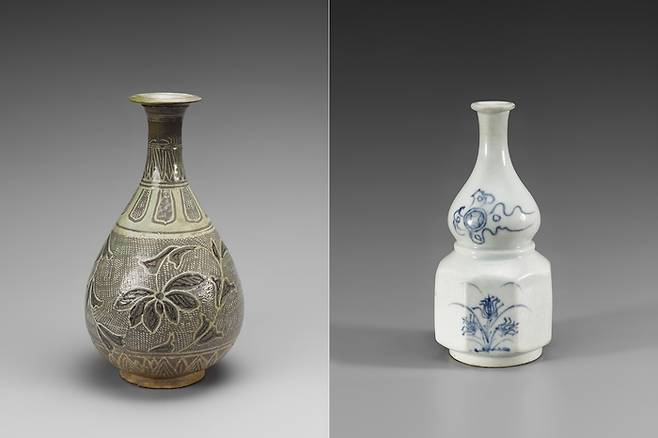 ‘분청사기 상감 연꽃 넝쿨무늬 병’(보물, 이홍근 기증, 왼쪽)과 ‘백자 청화 난초무늬 조롱박모양 병’(보물, 박병래 기증). 국립중앙박물관 제공