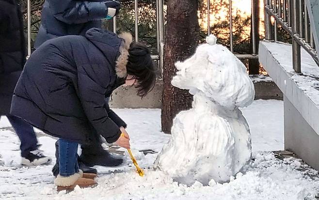 동글동글한 눈사람이 아닌 사람 흉상을 조각한 눈사람이 아파트 단지 안에 있다니 놀랍군요. 세상에는 참 비범한 능력을 가진 사람들이 많은 것 같습니다. 이승환 기자