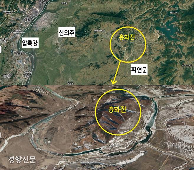 구글어스로 추정해본 흥화진(평북 피현군 당후리)의 위치. 130~170m 고지군을 따라 능선상에 축조된 성이다. 넓은 개활지와 삼교천으로 둘러쌓여 있어 방어에 유리한 장점을 갖고 있다. ‘걸망성’이라는 다른 이름이 있는데, ‘이 성에서 거란군이 망했다‘고 해서 붙은 이름이라 한다. |구글어스