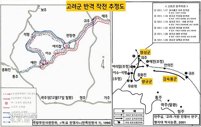 양규 장군 등이 거란군을 무찌른 전투장소를 특정하기가 어렵다. 각 연구마다 전투장소를 추정한 지도 및 그림이 약간씩 다르다.