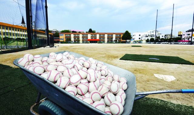 중앙초 운동장 한 켠에 있는 손수레에 야구공이 한가득 쌓여 있다. 5명이었던 야구부원은 지난해 모두 떠났다. 군산=권현구 기자