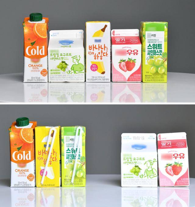 우유·주스·요구르트 등 각종 음료를 담은 '종이팩'들이 줄지어 놓여있다(위 사진). 잘 모르고 지나치기 쉽지만 종이팩은 직육면체 빌딩 모양의 '멸균팩'과 삼각지붕이 있는 '일반팩'으로 나뉜다(아래 사진). 환경부 지침에 따르면 종이팩은 쓰레기통이나 종이류 재활용 분리수거함이 아니라, 종이팩만 별도로 모아 분리배출하도록 권고되어 있다. 문제는 전용 수거함이 설치된 지역이 거의 없다는 점이다. 김예원 인턴기자