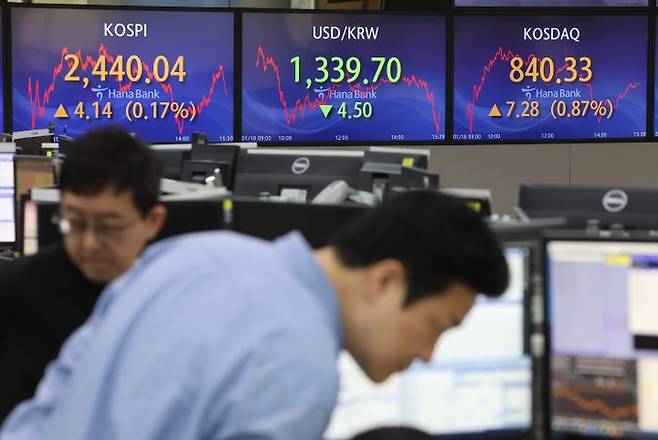 18일 오후 서울 중구 하나은행 본점 딜링룸에서 직원들이 업무를 보고 있다. ⓒ연합뉴스