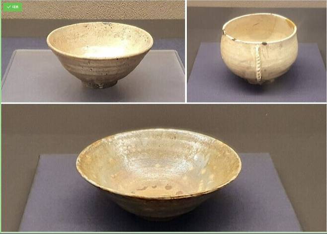 도쿄국립박물관 찻잔 전시회에 출품된 고려다완. ‘아오이도 찻잔 도키이도’, ‘귀얄무늬 찻잔 무라쿠모’, ‘도토야 찻잔 사와라비’(위 왼쪽부터 시계방향)