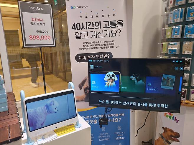 서울 서초구의 한 반려동물용품점에서 판매 중인 강아지 전용 대화형 TV. 김희량 기자