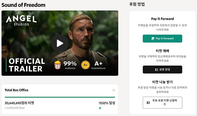 엔젤 스튜디오 홈페이지 내 ‘사운드 오브 프리덤’ 페이 잇 포워드 소개
