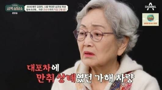 무면허 음주운전 차량에 치여 하반신 장애를 얻은 손자를 8년째 간호 중인 배우 김영옥(88) 씨의 사연이 전해졌다. /채널A 방송화면 캡처