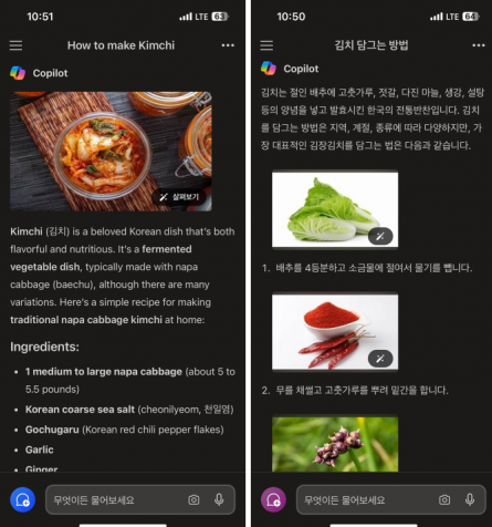참고 2) 코파일럿 모바일 앱에서 동일한 주제를 영어, 한글로 검색했을 때 결과