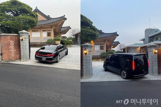 이재용 삼성전자 회장이 탄 승용차가 28일 오후 승지원에 들어가고 있다. 왼쪽은 마크 저커버그 메타 CEO가 탄 차량이 승지원에 들어서는 모습 /사진=한지연 기자