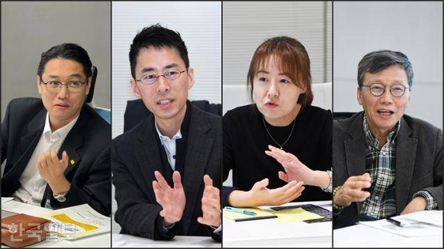 지난달 22일 '가짜노동' 좌담회에 참석한 노동 전문가들. 왼쪽 사진부터 정영훈 부경대 법학과 교수, 김종진 일하는시민연구소 소장, 손연정 한국노동연구원 연구위원, 이병훈 중앙대 사회학과 교수. 윤서영 인턴기자, 정영훈 교수 제공