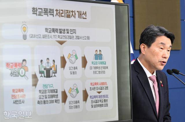 이주호 부총리 겸 교육부 장관이 지난해 12월 7일 정부서울청사 별관 합동브리핑룸에서 학교폭력 사안처리 제도 개선 방안을 설명하고 있다. 왕태석 선임기자