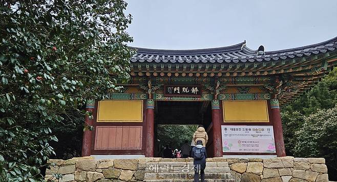 백련사의 해탈문. 동백나무와 어우러진 풍경이 아름답다.