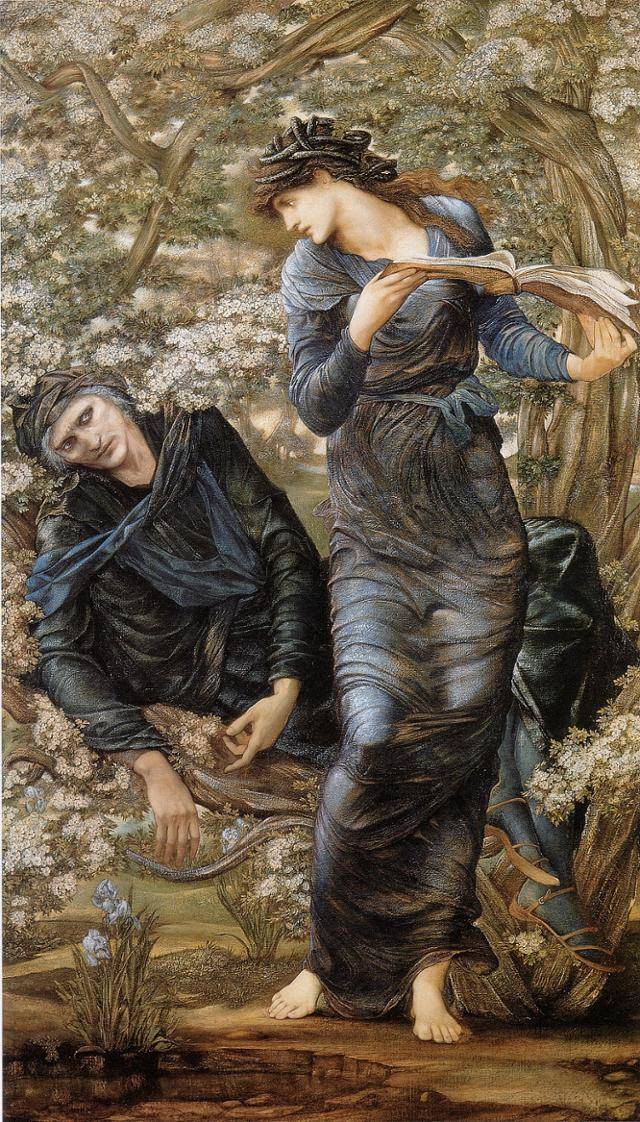 에드워드 번-존스, '멀린의 미혹', 1872~1877, 186x111cm. 아서왕 전설에 나오는 멀린이 호수의 여인 니무에와 사랑에 빠진 장면을 묘사한 그림이다. 번-존스가 머미 브라운의 실체에 대해 알게 된 1881년 이전에 그려졌기 때문에 머미 브라운의 성분을 모른 채 이 그림에 사용했을 가능성이 있다. 영국 레이디 레버 미술관 소장