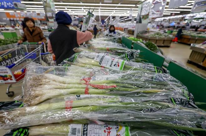 주요 농산물 가격이 오르락내리락 하고 있다. 사진은 서울시내 대형마트를 찾은 시민들이 파를 살펴보고 있다. /사진=뉴시스