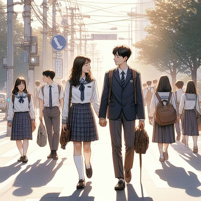 ▲ 교복 차림의 학생들이 등교하는 모습. 본 이미지는 기사의 이해를 돕기 위해 AI 빙 이미지 크리에이터로 제작했습니다.