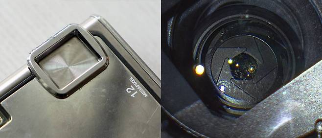전원을 켜면 렌즈 커버가 잘 열리는지, 표면에 흠집은 없는지, 렌즈 내부에 곰팡이나 발삼 없이 맑고 투명한지를 확인합니다. 우측의 사진은 실제로 곰팡이가 핀 렌즈입니다 / 출처=IT동아