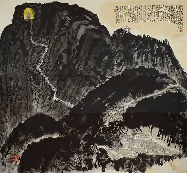 박대성, 불밝힘굴, 2006년, 종이에 수묵, 190.5×177.4㎝, 경주 솔거미술관 소장.