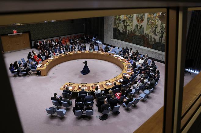 지난 25일 뉴욕 유엔본부에서 가자지구 사태에 관한 유엔 안보리 회의가 열리고 있다. /로이터 연합뉴스