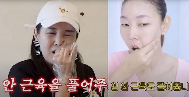 입안 근막 마사지를 하고 있는 장영란, 한혜진의 모습./사진=유튜브 채널 'A급 장영란', '한혜진 Han Hye Jin' 캡처