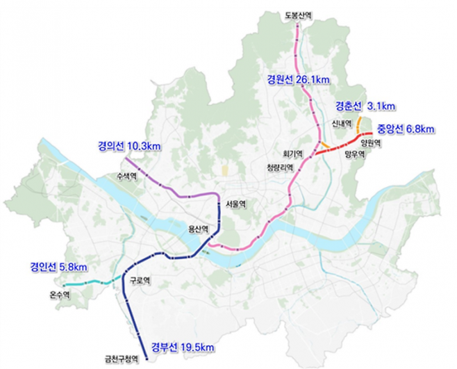서울 철도 지하화 통합개발 사업 검토 구간. [이미지제공=국토교통부]