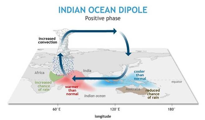 (인도양 쌍극자 현상 ㅣ 양의 위상일때는 위 사진처럼 동아프리카의 수온이 높아 강수량이 증가하고, 호주는 수온이 낮아 하강기류로 인해 가뭄 등의 현상이 발생, 출처 : 미국 국립해양대기청 NOAA)