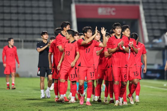 The U-23 Korean national team reacts after an AFC U-23 Asian Cup qualifier against Myanmar at Changwon Football Center in Changwon, South Gyeongsang on Sept. 12, 2023. [NEWS1]
