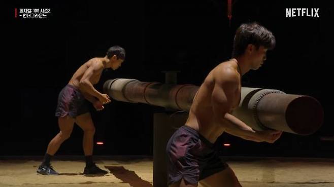 운동 유튜버 아모띠와 전직 소방관 홍범석이 맞붙은 넷플릭스 ‘피지컬: 100 시즌 2 - 언더그라운드’ 결승전 모습. 넷플릭스 공식 채널 티저 영상