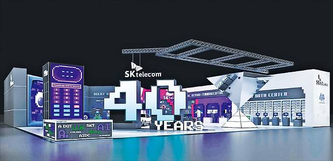 SK텔레콤이 국내 최대 정보통신기술(ICT) 전시회 ‘월드IT쇼 2024’에 꾸린 전시관 조감도. 전시 주제는 ‘인공지능(AI) 기반 커뮤니케이션의 진화’다.  SK텔레콤 제공