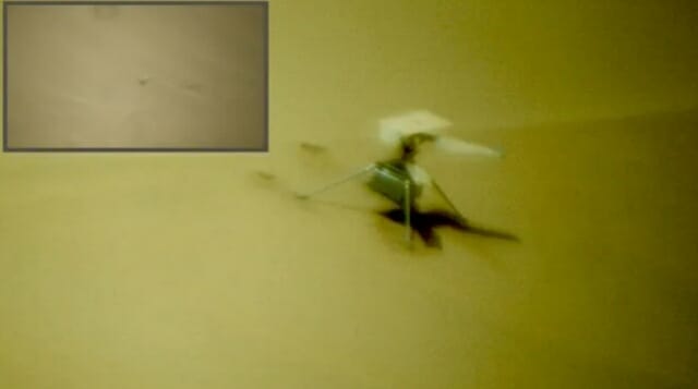 임무를 종료하고 쉬고 있는 인제뉴어티 헬리콥터(우측)와 화성 모래 위에 있는 헬리콥터의 날개(좌측) (사진= NASA/JPL-칼텍)