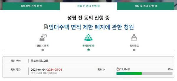 정부가 저출산 극복 대책의 일환으로 내놓은 공공주택 특별법 개정안과 관련해 '세대원 수 별 공급 면적 기준'에 대한 반발이 나오고 있다. 국회 국민동의청원 캡처