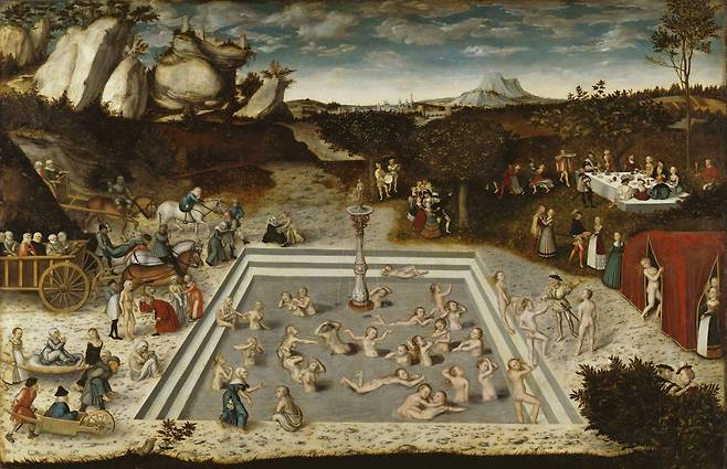 깨끗한 샘물에서 목욕하면 병이 낫고 다시 젊어진다는 믿음은 동서를 막론하고 있었다. 독일 화가 루카스 크라나흐의 ‘젊음의
 분수’(1546년). 왼쪽의 늙고 지친 사람들이 찾아와서 목욕을 하고 오른쪽의 젊어진 모습으로 나간다. 목욕을 둘러싼 인간의 
욕망을 표현했다. 사진 출처 위키피디아
