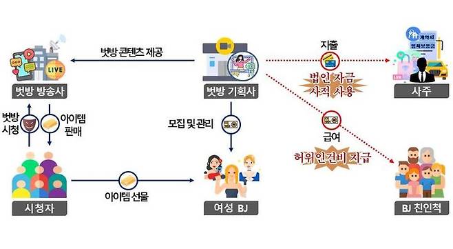 [세종=뉴시스] 국세청이 시청자를 속이고 '큰손'인 척 인터넷방송진행자(BJ)에게 수억 원을 후원하는 등 바람잡이 역할을 한 성인방송사, 기획사, BJ 등 12건에 대한 탈세 조사에 착수했다. (자료 = 국세청 제공) 2024.04.23.  *재판매 및 DB 금지