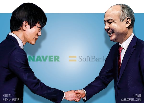 이해진(왼쪽) 네이버 글로벌투자책임자(GIO)와 손정의 일본 소프트뱅크 회장. 두 사람은 2019년 11월, 라인과 야후의 통합에 합의했다. 실제 통합법인은 2020년 출범했다./조선일보DB