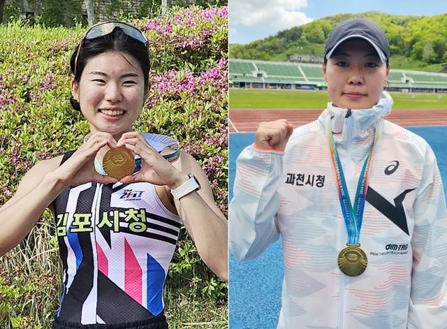 여자 400m 허들과 원반던지기에서 우승한 김초은(왼쪽)과 정예림. 김포·괴천시청 제공