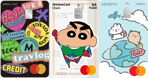 카드사들의 해외 특화 체크카드 경쟁이 치열해지고 있다. 왼쪽부터 하나카드의 ‘트래블로그’, 신한카드 ‘SOL트래블 체크카드’, 국민카드 ‘KB국민 트래블러스 체크카드’. [각 사 제공]